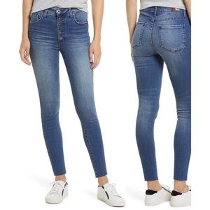 NWOT 🌸 BUTTON FLY WHETHERLY “COOPER” HIGH RISE SKINNY JEANS CLASSIC BLUE RAW HEM